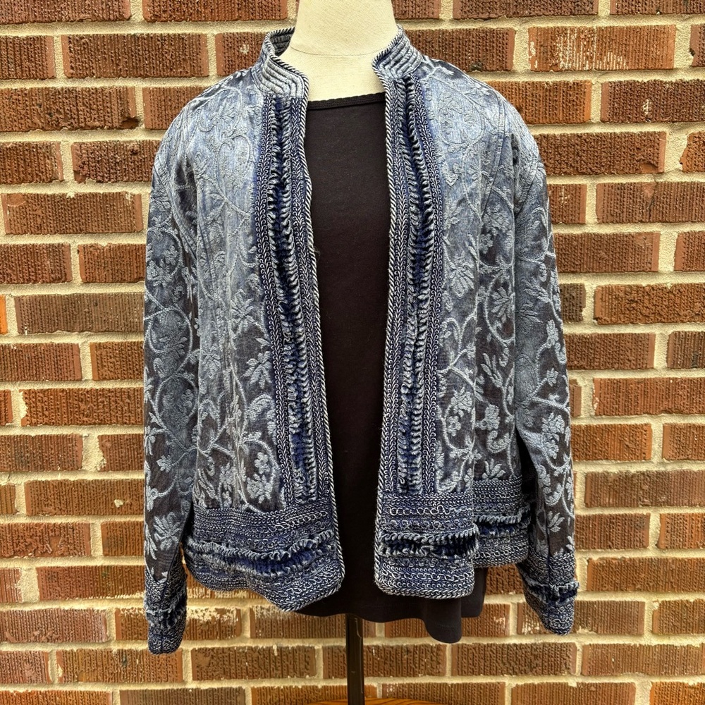 Chico’s Embroidered Jacquard Tapestry Open Front Jacket Size PXL